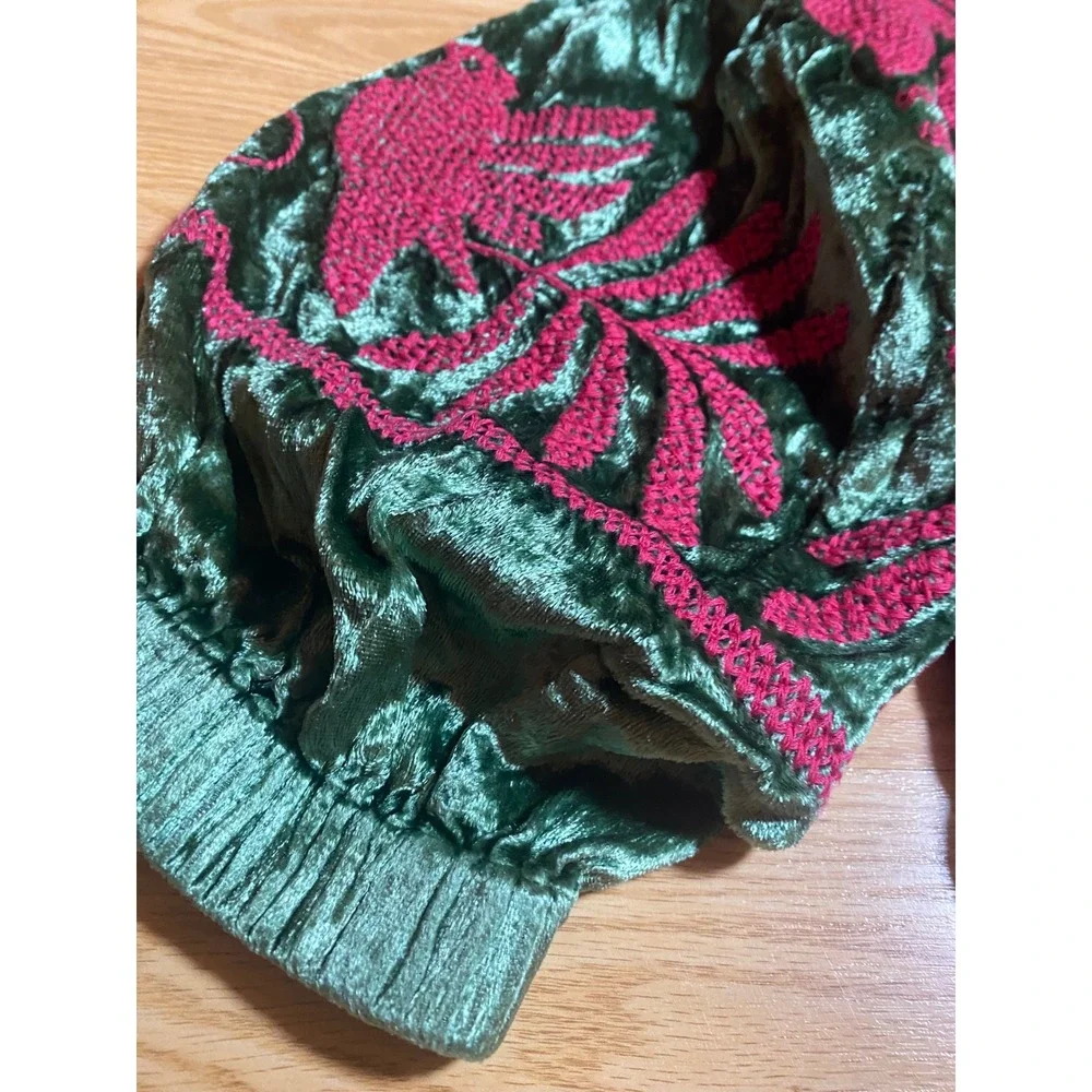 Sister Mary Green Crushed Velvet Embroidered Bird Floral Puff Sleeve Top XS